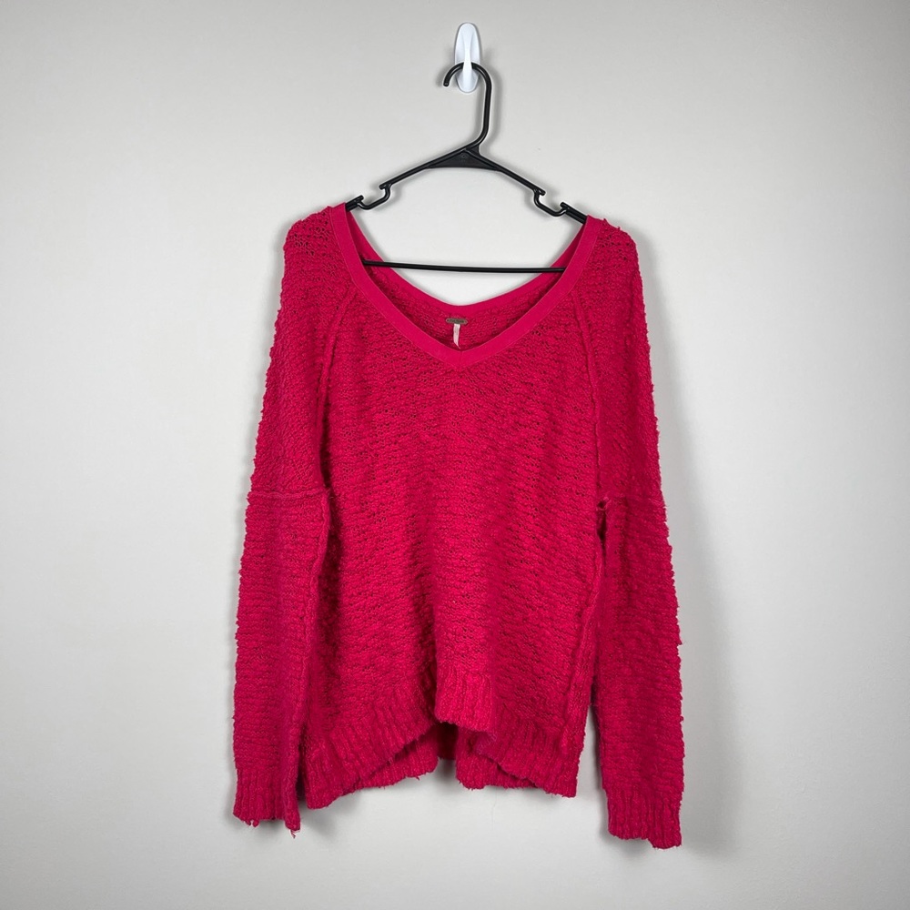 Free People Songbird Shaggy Oversized Open Knit V Neck Sweater